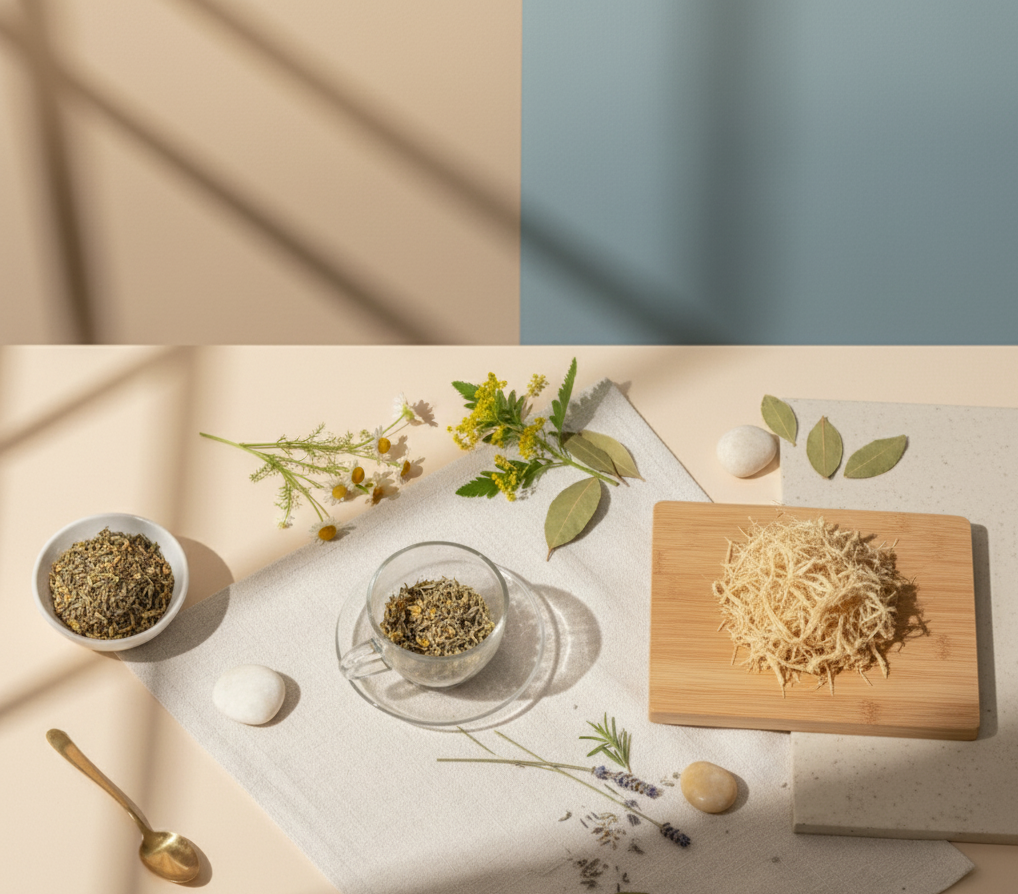 Chá de ervas naturais para acalmar e relaxar, com camomila, lavanda e folhas secas, disposto em fundo clean e acolhedor.