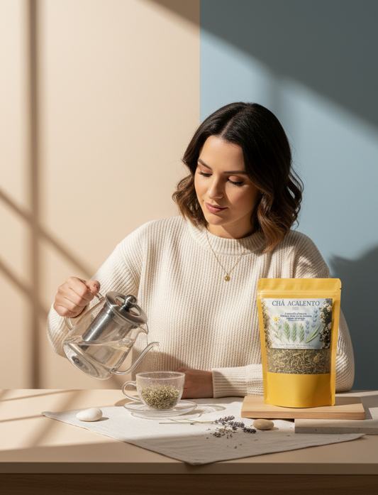 Mulher tomando de ervas naturais para acalmar e relaxar, com camomila, lavanda e folhas secas, disposto em fundo clean e acolhedor.