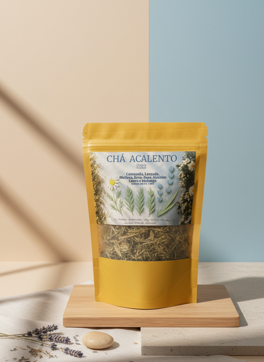 Foto do produto de chá acalento de ervas naturais para acalmar e relaxar, com camomila, lavanda e folhas secas, disposto em fundo clean e acolhedor.