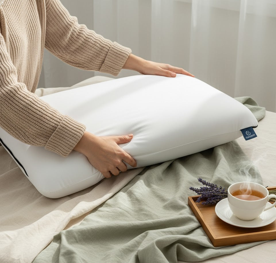 mulher arrumando o travesseiro latex para dormir melhor cia do sono com cha de lavanda na cama
